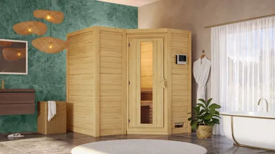 Produktbild von Karibu Sauna Innensauna Sahib 1 Eckeinstieg ohne Zubehör 193x184x208 cm ohne Dachkranz mit Energiespartür