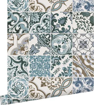 Productafbeelding van ESTAhome behang tegelmotief blauw en beige 50 x 900 cm