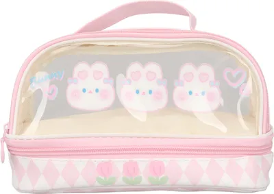 Obrázek produktu pro Penál s králíčkem, kawaii, růžový, voděodolný, průhledný, dvouvrstvý, s uchem na přenášení, pro děti a kosmetiku