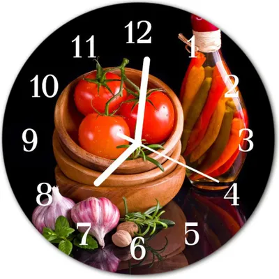 Produktbild von Glasuhr Wanduhr Küchenuhr Echt-Glas 30fi cm Tomaten Knoblauch rot