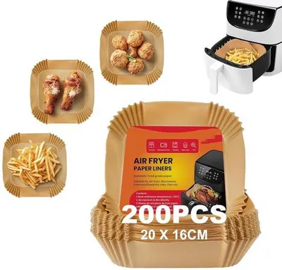 Obrázek produktu pro Čisticí a pečicí papír do horkovzdušné fritézy, 200 kusů, 16–20 cm, obdélníkový, do horkovzdušné fritézy, pečicí papír do mikrovlnné trouby, klasické trouby a parní trouby, odolný proti vodě a oleji.
