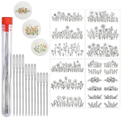 Stickset mit 4 wasserlöslichen Vorlagen und 12 Nadeln