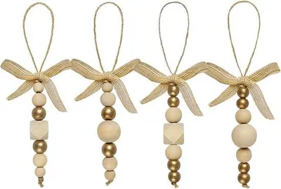 Immagine prodotto di 4 perline in legno - Decorazioni per l'albero di Natale - Con perline dorate e un fiocco - Collana di perline in legno - 20 cm - Perline per l'albero di Natale - Decorazioni in legno naturale - Adatte sia per l'uso quotidiano che come decorazioni per l'albero di Natale - Colore legno naturale