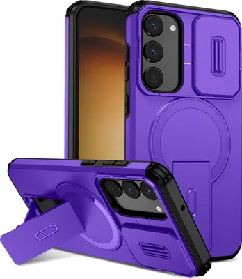 Obrázek produktu pro Magnetické pouzdro pro Samsung Galaxy S23+, dvouvrstvé odolné pouzdro s posuvnou ochranou fotoaparátu a nastavitelným stojánkem Fialová