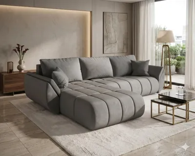 Image de Canapé d’angle SYDNEY PREMIUM gauche gris clair velours Monolith 84 - fonction couchage, coffre de rangement pour la literie