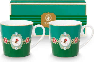 Produktbild von PIP STUDIO Love Birds Medallion Emerald-Green Henkelbecher Large 0,25l Set2