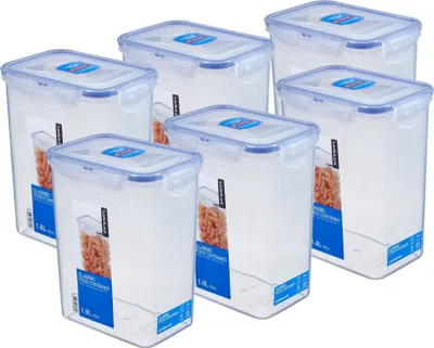 A set of six clear plastic food storage containers with blue lids, arranged in a staggered formation on a white background.