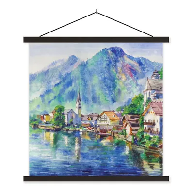 Produktbild von MuchoWow® Textilposter Gemälde - Ölfarbe - Haus - Berge - Wasser 90x90 cm mit schwarzem Rahmen - Magnetisches