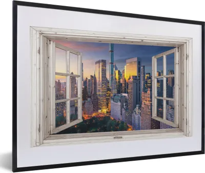 Produktbild von MuchoWow® Gerahmtes Poster Ansicht - New York - Skyline 60x40 cm - Poster mit Schwarzem Bilderrahmen Wandposter Rahmen Foto Bilder - Schlafzimmer - Plakat in Rahmen - Drucken