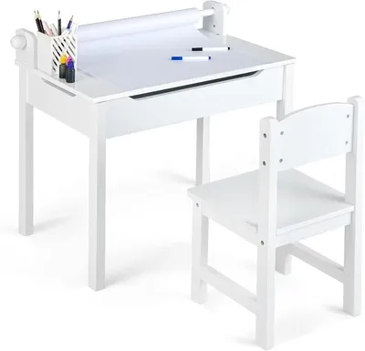 Imagen del producto de Escritorio infantil con silla, mesa infantil con superficie plegable, escritorio juvenil con soporte para rollos de papel y marcadores, escritorio para niños a partir de 3 años (blanco)
