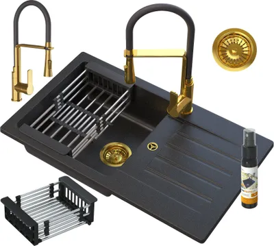 Produktbild von Granitan | Granitspüle TRIX - Schwarz mit Goldsprenkeln - Inkl. Goldene Armatur und Abtropfgestell