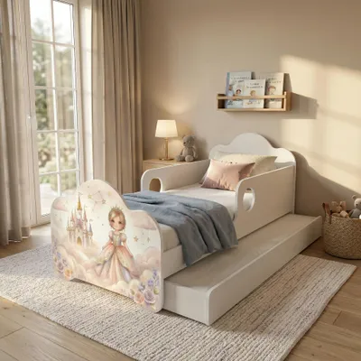 Produktbild von Happy Babies Kinderbett mit Rausfallschutz Junge 160x80 Bett für Kinderzimmer mit Schublade Matratze Einzelbett für Kinder Weiss, Prinzessin,
