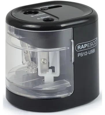 Produktbild von Rapesco PS12-USB, Elektrischer Bleistiftspitzer, Schwarz, Transparent, 1,2 cm, 6 mm, Beidhändig, Batterie / USB
