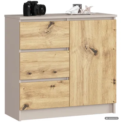 Zdjęcie produktu dla Komoda JERRY Kaszmir 80 cm 1 drzwi 3 szuflady kolor Dąb Artisan mat 2 półki 80x35x77 cm