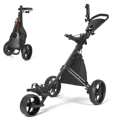 Zdjęcie produktu dla Wózek golfowy - 3-kołowy, do ciągnięcia i pchania - lekki - regulowana wysokość - składany - torba do przechowywania - hamulec nożny - uchwyt na parasol - czarny