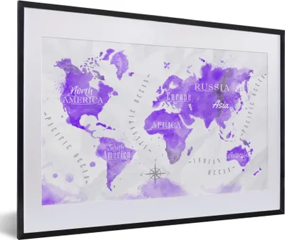 Produktbild von MuchoWow® MuchoWow® Gerahmtes Poster Weltkarte - Ölfarbe - Violett 60x40 cm - Poster mit zchwarzem Bilderrahmen - Schlafzimmer - Plakat in Rahmen - Drucken