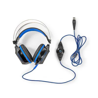 A pair of gaming headphones with a USB cable and in-line controls, presented on a white background.