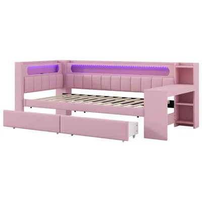 A pink daybed with drawers, a desk attachment, and LED lighting.