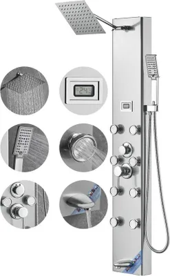 Produktbild von Duschpaneel-Set, 6 Duschstrahlen, digitales Display, Regenval, 8 Massagestrahlen, Baduitloop, Handdusch, 59 Zoll, Edelstahl-Duschset für Wandmontage