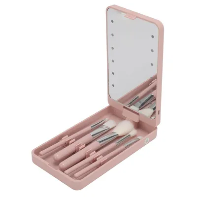 Obrázek produktu pro Mini sada štětců na make-up s 5 štětci a LED zrcátkem, přenosná sada štětců na make-up, sada štětců na make-up - GLOBRISTIC Pink