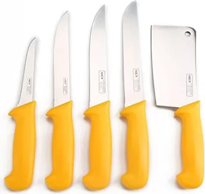 Produktbild von Shov Metzgermesser Küchenmesser Schlachtermesser Stechmesser Fleischerbeil Hackmesser Hackbeil Messer 5 teilig Edelstahl Rostfrei Profiqualität