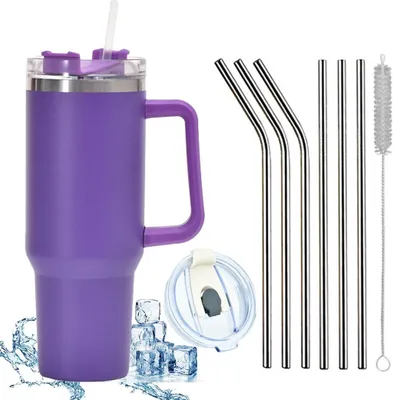 Obrázek produktu pro 1200 ML izolovaný hrnek z nerezové oceli s uchem 40 OZ dvoustěnný chladicí hrnek cestovní hrnek hrnek do auta s brčkem a nepropustným víčkem, fialový, 9 kusů, 40 OZ