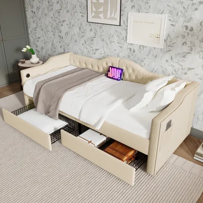Obrázok produktu pre okwish Rozkladacia pohovka – denná posteľ 90 x 200 cm s lamelovým roštom a 2 zásuvkami, denná posteľ s USB a Type-C nabíjaním, detská posteľ (bez matraca) – béžová