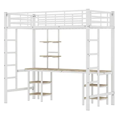 Produktbild von Merax Etagenbett 90x200cm mit Lattenrost, Eisenbett Hochbett mit Schreibtisch und 3 Bücherregalen, Stockbett mit Leiter, geeignet für Kinder, Weiß