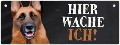 Produktbild von Metallschild mit Schäferhund Motiv und Spruch: Hier wache ich! Türschild