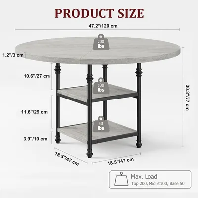 Obrázok produktu pre Okrúhly jedálenský stôl, sivý, priemer 120 cm, s úložným priestorom, pre 4-6 osôb, kovový