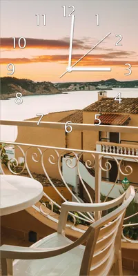 Produktbild von Wallario Design Wanduhr bedruckt, Größe 30 x 60 cm, Motiv: Sommer in Spanien - Ausblick von einer schönen Terrasse auf das Meer
