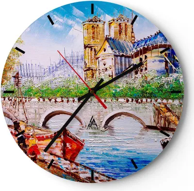 Produktbild von Wanduhr - Rund - Glasuhr - Boot Fluss Brücke Zeichnung - 30x30cm - Schleichendes Uhrwerk - Lautlos - zum Aufhängen bereit - Dekoration Modern - Wanddekoration aus Glas - C3AR30x30-2886