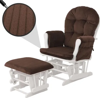 Produktbild von Relaxsessel MCW-C76, Schaukelstuhl Sessel Schwingstuhl mit Hocker Stoff Cord 320g/m² braun Gestell weiß