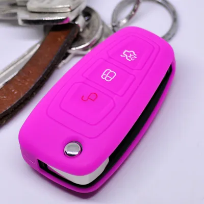 Produktbild von Auto Schlüssel Hülle Silikon Schutz Cover Pink kompatibel mit Ford Mondeo Focus S-Max Fiesta Transit 3 Tasten Klappschlüssel
