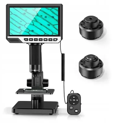 A digital microscope with an LCD screen and accessories is displayed against a white background.