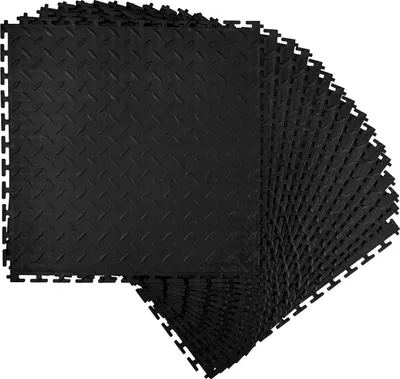 Image de SucceBuy Sol de garage en PVC, set de 16 pièces 513x513x5 mm, sol d'atelier et industriel, système de clic simple, dalles en PVC antidérapantes avec motif en diamant pour atelier, entrepôt et local d'outils, noir