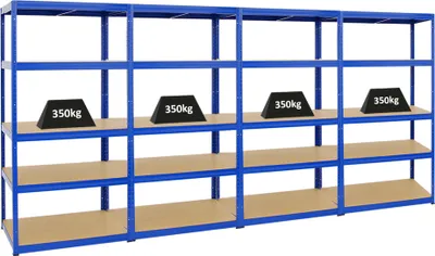 Produktbild von Mega Deal | 4x Schwerlastregal Slim Elephant M | HxBxT 180x90x60 cm | 5 Ebenen | Fachlast 350 kg | Blau