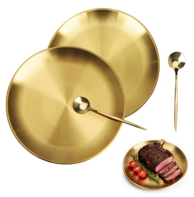 Runde Servierplatten 20 cm, Gold, Edelstahl, 2er-Set mit Löffeln