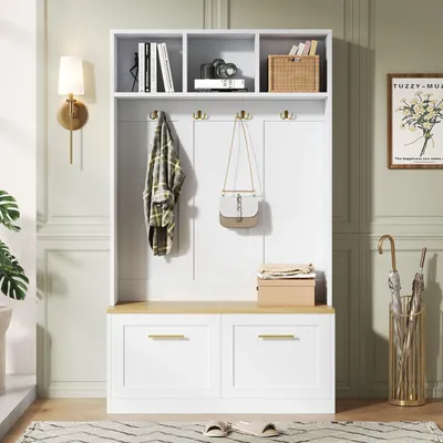 Produktbild von Flieks Garderobenset mit Sitzbank, offenem Stauraum und 2 Türen, Kompaktgarderobe mit 4 Haken, Wandgarderobe, Flurgarderobe Set, Natur+Weiß