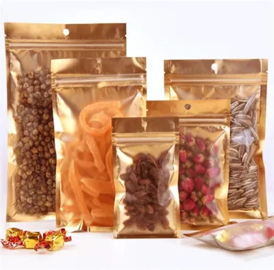 Produktbild von 100 Stück goldfarbene, wiederverschließbare Mylar-Beutel für Lebensmittelverpackungen