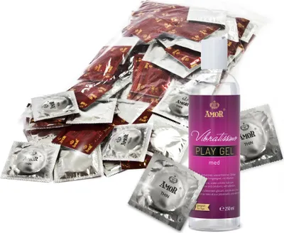 Zdjęcie produktu dla Zestaw prezerwatyw i lubrykantu AMOR Premium – 100 prezerwatyw Thin 0,055 mm, Ø 53 mm + lubrykant Vibratissimo Play Gel med 250 ml