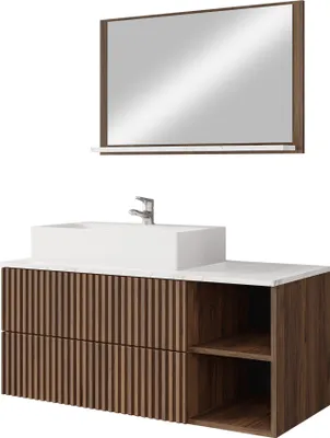 Produktbild von MIRJAN24 Badmöbel Kertos Rillen I, 3er-Set Badmöbel-Set, Spiegel, Waschbeckenschrank, Waschbecken, Fronten gefräst, Spihon (Farbe: Nuss Warmia / Nuss Warmia Rillen + Marmor Bianco)