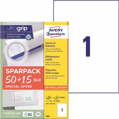 Immagine prodotto di Avery Zweckform® 6603 6603 Etichette universali ultragrip - 210 x 297 mm, bianco, 65 etichette, permanente
