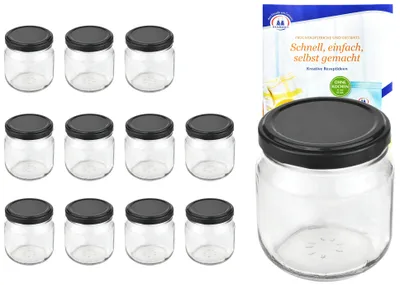 Obrázek produktu pro sada 12 kulatých skleněných dóz na zavařování o objemu 212 ml s černým víčkem včetně brožury s recepty