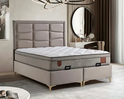 Immagine prodotto di Elegante letto beige con materasso in tessuto e legno