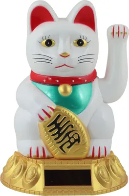 A white Maneki-neko (lucky cat) figurine with a gold coin and a solar panel on its base, set against a white background.