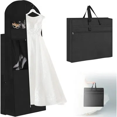 Produktbild von Kleiderhülle für Brautkleider Schwarz, Hochzeitskleid Kleidersack mit Reißverschluss, transparentem Fenster, 2 Schmucktaschen und 2 Netztaschen