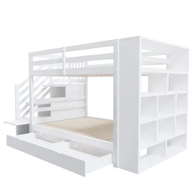 Produktbild von Flieks Etagenbett 90x200cm mit Regal, Hochbett mit 2 Schubladen, Kinderbett mit Rausfallschutz und Lattenrost, Stockbett Einzelbett Holzbett, Weiß