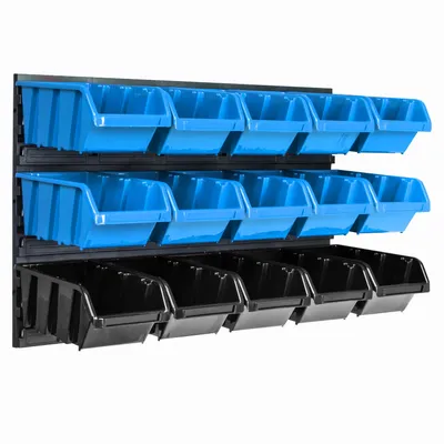 Obrázok produktu pre Nástenný panel na náradie 57,6 x 39 cm s 15  ks. Krabice závesný Modré a Čierne Stohovatelné Boxy