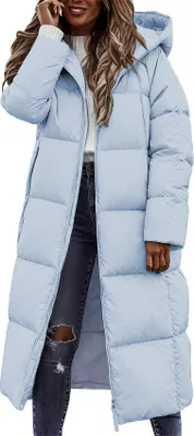 Obrázek produktu pro ASKSA Dámská péřová bunda Zimní dlouhý péřový kabát Prošívaný kabát Teplé zimní bundy Outdoorový kabát s kapucí (modrý,S)